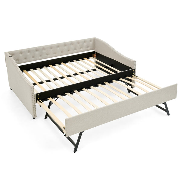 English Elm Full Size Upholstered Daybed with Trundle Usb Ports Tufted Back Wave Arms W1413S00158