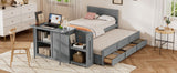 English Elm Twin Size Multifunctional Wood Platform Bed With Desk and Storage Shelf At The End Of The Bed, Built-In Trundle and 3 Drawers, Gray