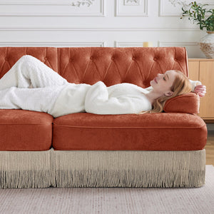 English Elm 3-seater Velvet Modular Sectional with Button Tufting Tassel Skirt and Wooden Base Red+Brown W714S01723