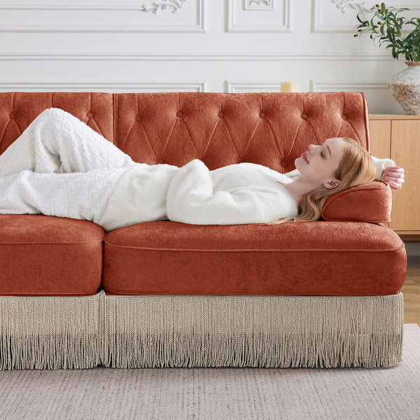 English Elm 3-seater Velvet Modular Sectional with Button Tufting Tassel Skirt and Wooden Base Red+Brown W714S01723