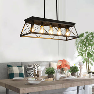 English Elm 32-inch Black Industrial 5-Light Pendant Chandelier, Adjustable Metal Cage Farmhouse Lighting Fixture for Kitchen Dining Room Living Room W2312P368668