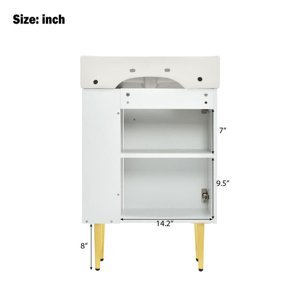 English Elm 21.6" White Bathroom Vanity with Ceramic Sink, Right Side Storage, Gold Legs, Soft-Close, Modern Elegance SV000006AAE