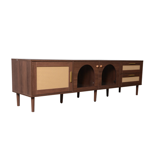 English Elm 70 Inch Rattan Media Console with Led Lighting Two Drawers Glass Storage Modern Living Room N710P396852P