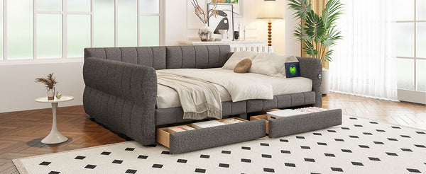 English Elm Queen Lambswool Platform Bed with Usb Charging Armrests and Under Storage Drawers Gray N7500000601E