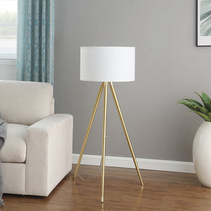 English Elm 64" Adjustable 47–64"H Brass & Shiny Gold Mid-Century Tripod Floor Lamp with White Linen Shade, Dimable Look B072P220162
