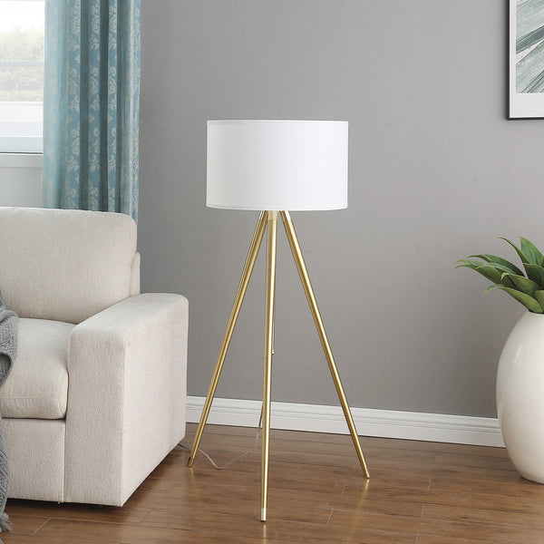 English Elm 64" Adjustable 47–64"H Brass & Shiny Gold Mid-Century Tripod Floor Lamp with White Linen Shade, Dimable Look B072P220162