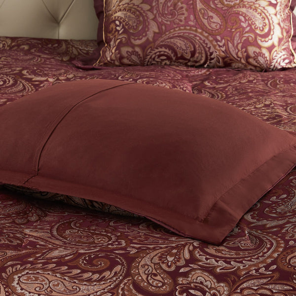 English Elm 12 Piece Comforter Set - Luxurious Burnt Red Jacquard With Cotton Sheets For California King Bed B035128828