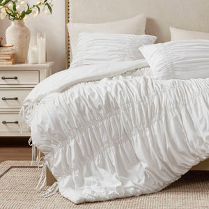 English Elm 2pcs Shabby Chic Ruched Comforter Set Bow Trim Brushed Polyester Fill Romantic Bedroom White B035P341082