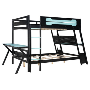 English Elm Full Size Gaming Bunk Bed with Dual Desks Usb Charging Ports and Pegboard Storage Blue LT000274AAC