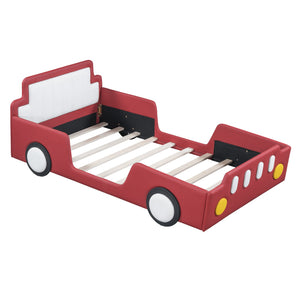 English Elm Twin Race Car-Shaped Platform Bed with Safety Rails and Sturdy Slats for Kids’ Room Comfort Red SF000127AAJ