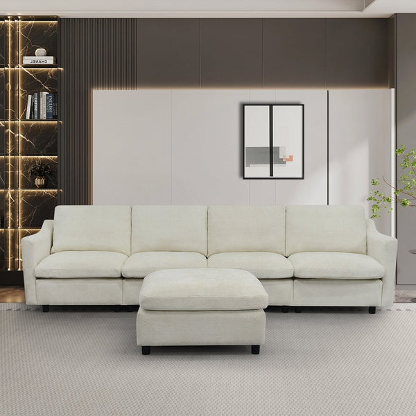 English Elm 4-Seater Modular Cloud Sofa in Beige Fabric with Ottoman, Memory Foam Comfort, Pockets & Pillows W1183S00011