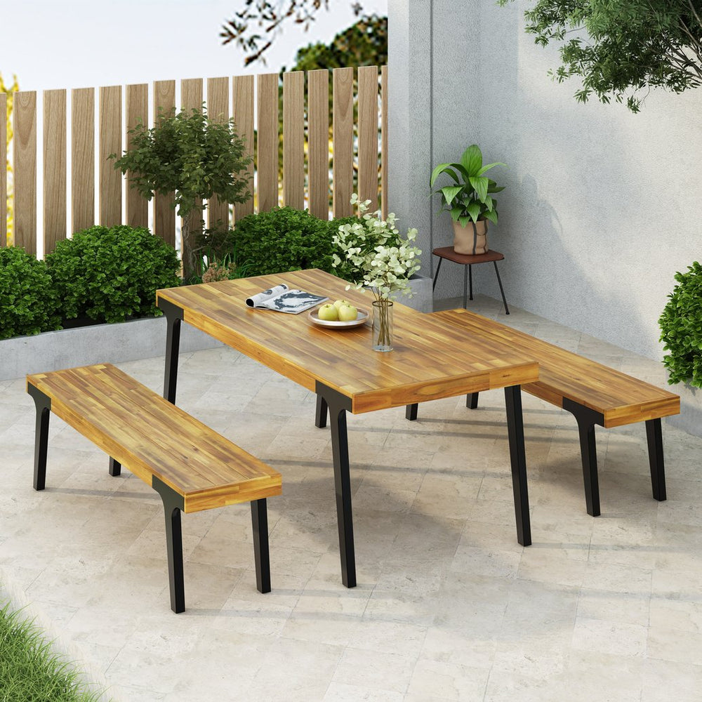 English Elm Christopher Knight Home® - 1 Acacia Outdoor Dining Table with 2 Benches - UV‑Treated Polywood Slats, Rust‑Resistant Metal Frame, Seats 6 74323.00_74322.00