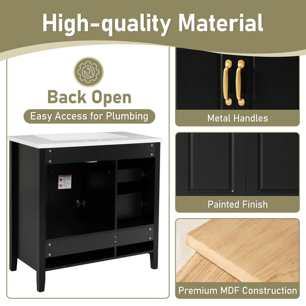 English Elm Christopher Knight Home® - 36" Freestanding Bathroom Vanity with Resin Sink, Soft-Close Doors & Drawers, Gold Alloy Handles, Spacious Storage and Easy Plumbing Access Black N759P292552B