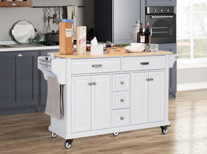 English Elm Kitchen Island durable rubberwood countertop kitchen cart on casters with towel rack, spice shelf, 5 drawers and adjustable shelving for organized meal prep and mobility White W914S00002