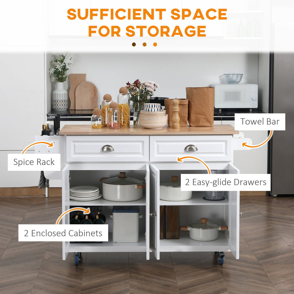 English Elm Homcom Versatile Rolling Kitchen Island With Drop Leaf Bar, Ample Storage, Spice Rack, White Finish W2225S00061