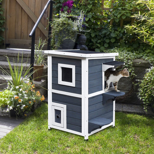 English Elm PawHut Weatherproof Outdoor Cat House with Raised Floor, Garden Planter & Multiple Entrances for Comfort and Play Grey+White W2225P217565