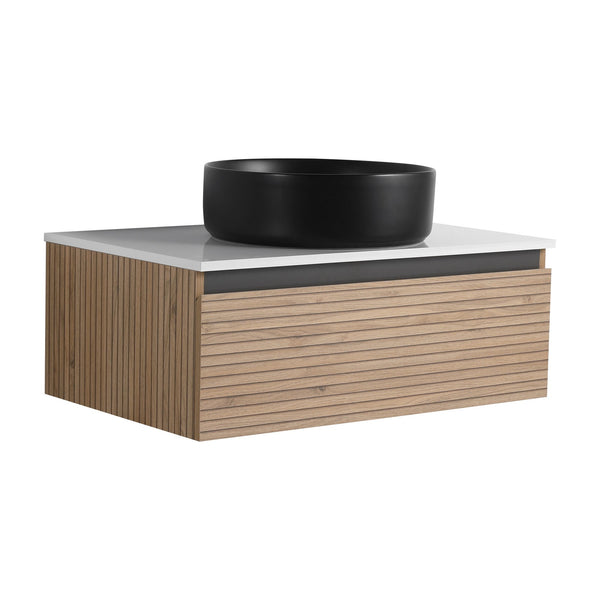 English Elm 30'' Floating Wall Mounted Vanity Hand Painted Ceramic Vessel Sink Soft Close Drawer W999S00360