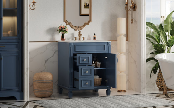 English Elm 24" French Inspired Bathroom Vanity with Ceramic Basin Soft Close Cabinet and 2 Drawers Blue N710P318990C