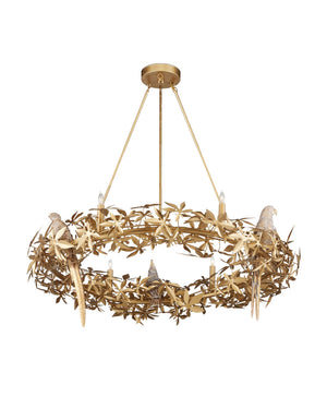 Currey & Company Aviary Gold Ring Chandelier - Elegant Botanical Design With Sculptural Birds And Adjustable Height Gold Wrought Iron ,Composite 9000-1320-currey-company