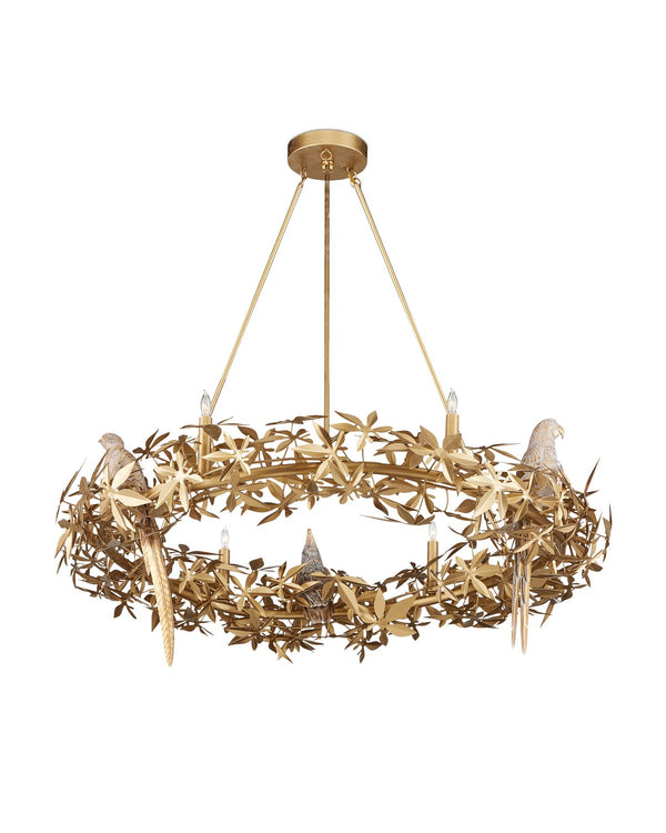Currey & Company Aviary Gold Ring Chandelier - Elegant Botanical Design With Sculptural Birds And Adjustable Height Gold Wrought Iron ,Composite 9000-1320-currey-company