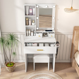 English Elm Vanity compact dressing desk with LED mirror, 3-color dimmable lights, drawers, stool, outlet White W2699P345800