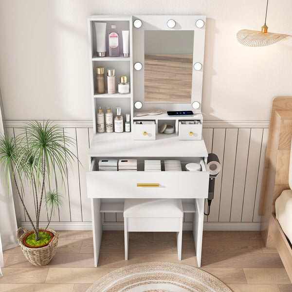 English Elm Vanity compact dressing desk with LED mirror, 3-color dimmable lights, drawers, stool, outlet White W2699P345800