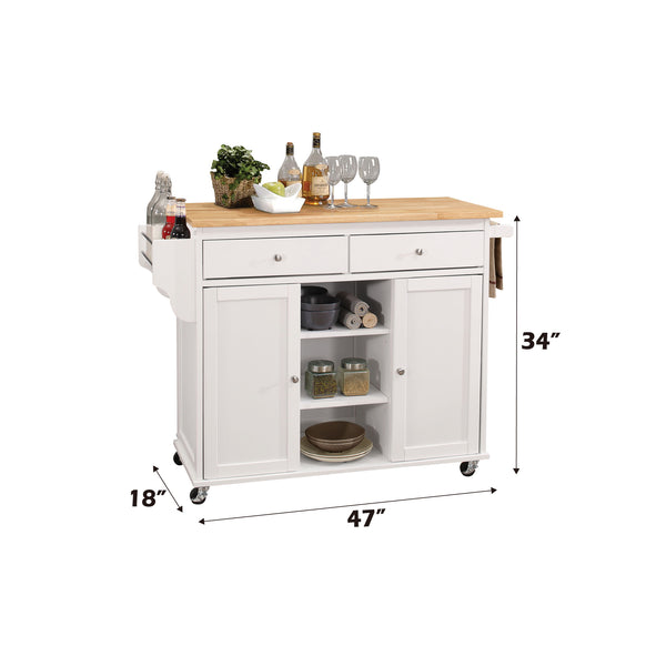 English Elm Tullarick Natural Wooden Top Kitchen Cart with White Finish, Locking Casters, 2 Doors, 2 Drawers, Spice Rack B2726P272328