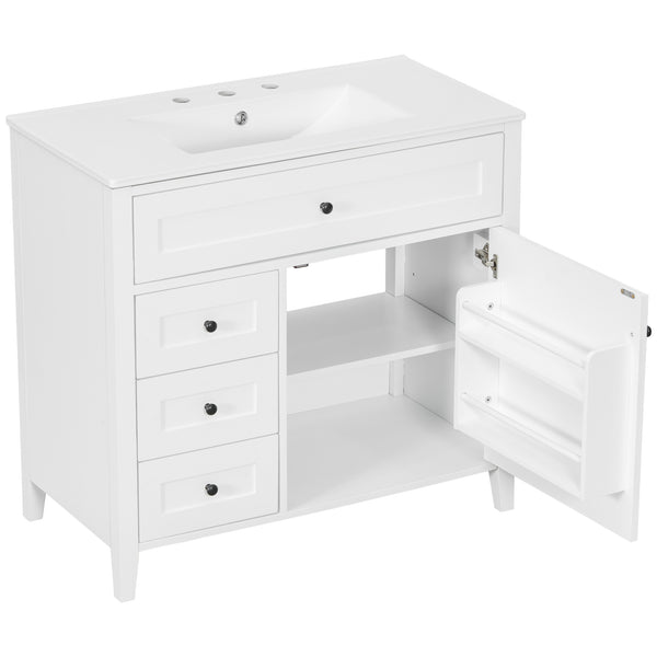 English Elm 36-Inch White Bathroom Vanity With Sink, Modern Mdf & Rubberwood, 3 Drawers & Adjustable Shelf Storage N725P350821K