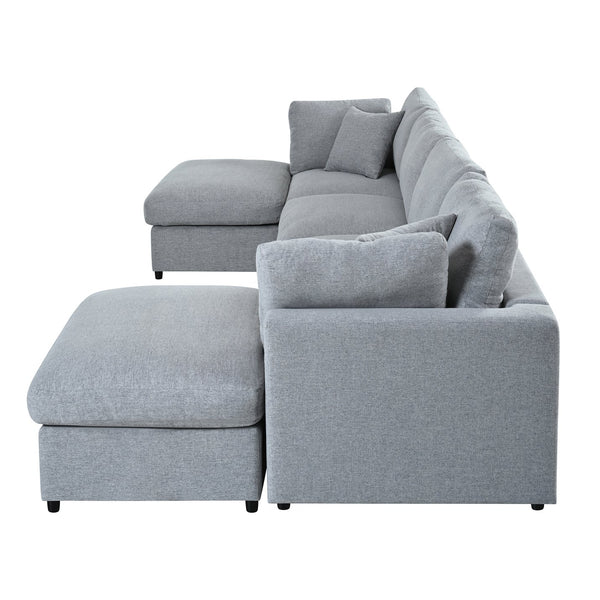 English Elm U_style Six Seat Chenille U Shaped Sectional Modular Sofa with Movable Ottomans Grey WY000474AAE
