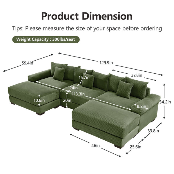 English Elm 130" Oversized Modular Cloud Sectional Couch - Premium Corduroy, Ergonomic Design & Movable Ottoman W714S01334