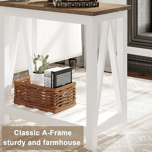 English Elm Farmhouse Narrow End Table with Storage Shelf, White & Light Oak Accent Side Table for Small Spaces T3771P357132