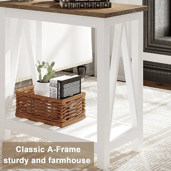 English Elm Farmhouse Narrow End Table with Storage Shelf, White & Light Oak Accent Side Table for Small Spaces T3771P357132