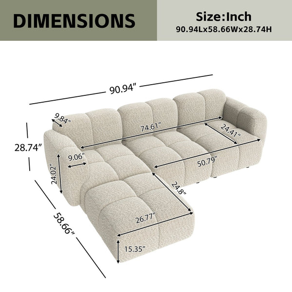 English Elm Beige Boucle L-shaped Sectional with Sculptural Cushion Blocks and Movable Ottoman Beige N758T404142A