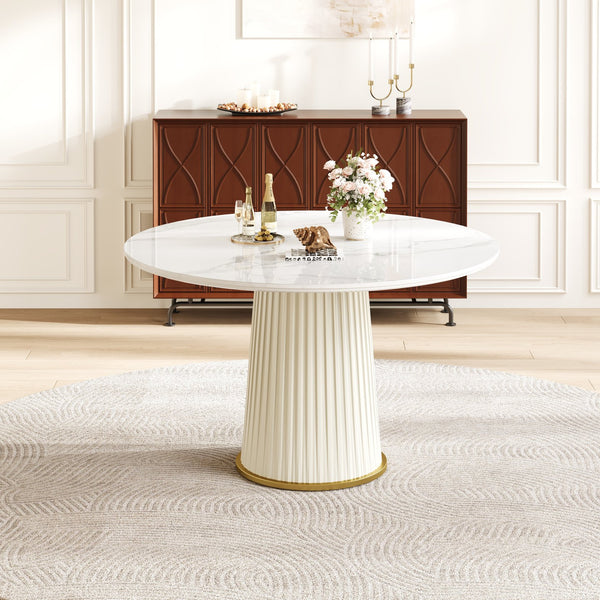 English Elm Modern 43.3" Round Dining Table with Glossy Sintered Stone Top, Pleated PU Leather Pedestal, Stable Adjustable Feet W3456S00054