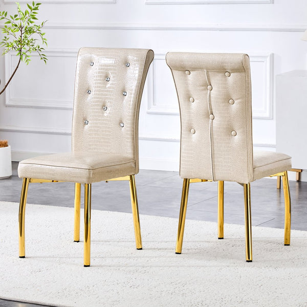 English Elm A Set of 2 Crystal Button Faux Leather Dining Chairs with Embossed Croc Texture Beige,Gold W3226P340253