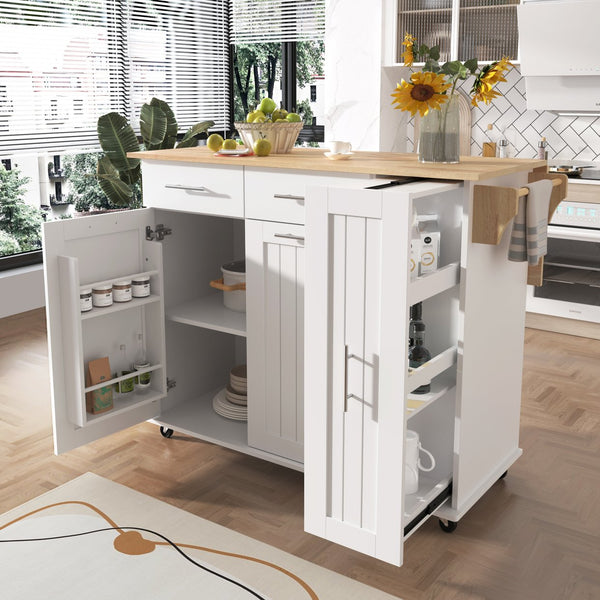 English Elm K&K Kitchen Island with Drop Leaf, Rolling Storage Cart with 3-Tier Pull-Out Organizer, Durable Wood Countertop White WF531421AAW