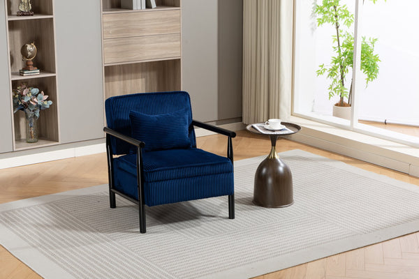 English Elm Storage Accent Chair Mid Century Wood Frame Upholstered Seat with Lumbar Cushion Antique Blue W2530P401447