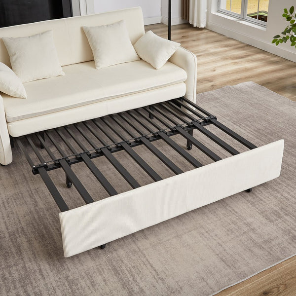 English Elm FX'' 66 Inch Sleeper Sofa Bed 3-in-1 Convertible Pullout Sofa with Plush Corduroy, 4 Pillows, Pockets Beige W1926S00058