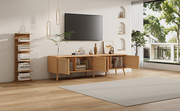 English Elm 70inch Rattan Door Media Console with Pine Legs and Cable Management for Living Room N710P365049P