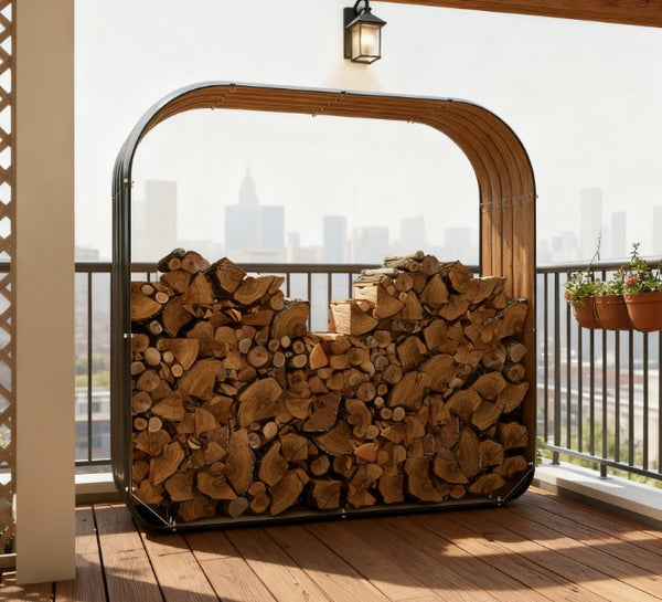 English Elm Wood Shed Galvanized Steel Outdoor Firewood Storage with Cover and Rubberized Safety T3971P423218