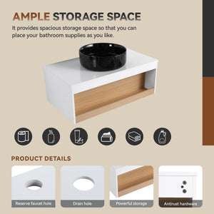 English Elm 36" Floating Bathroom Vanity Light Oak Modular Cabinet with Gel Coat Integrated Sink White + Light Oak,White+Black W3450S00065