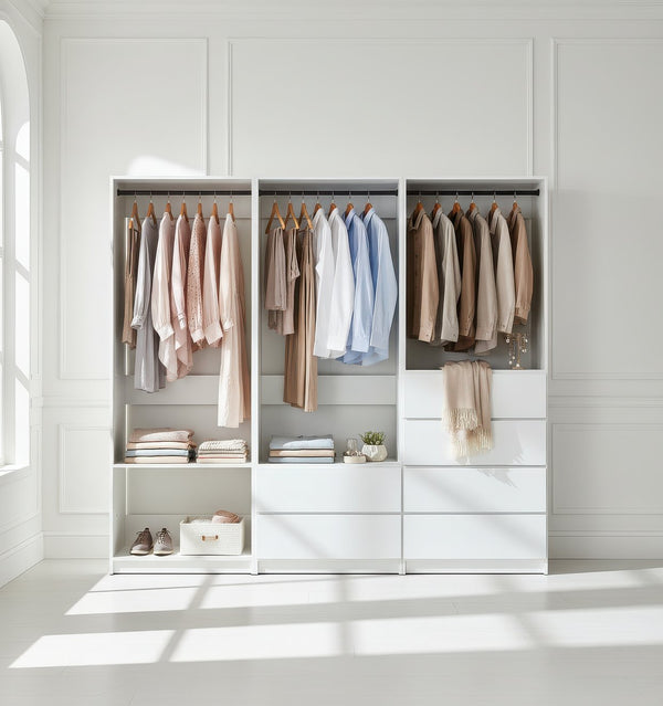 English Elm Prosper White Freestanding Walk-In Wood Closet System with Oak Finish, Modular Storage, Easy Assembly, Durable Construction B040S00140