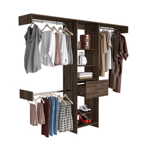 English Elm Cross Closet System premium organizer with one smooth drawer, three metal rods and five open shelves for versatile storage and style Brown 82.68 L x 20.87 W x 3.94 H B128S00082