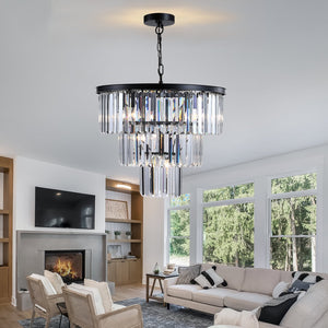 English Elm 20" Luxury 3-Tier Crystal Chandelier 7-Light Black Frame Pendant, K9 Crystals LED Ready Elegant Ceiling Fixture W2312P389944