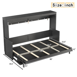 English Elm Full Murphy Bed with Fold Down Desk Led Lighting and Usb Port for Studio Spaces Dark Gray W1580S00455
