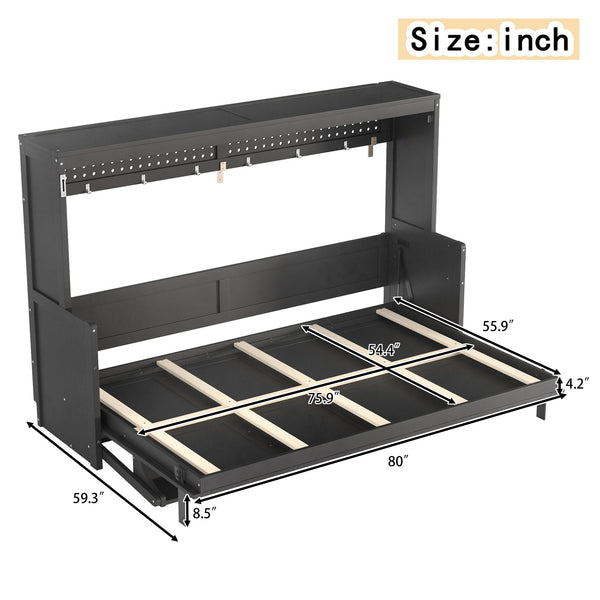 English Elm Full Murphy Bed with Fold Down Desk Led Lighting and Usb Port for Studio Spaces Dark Gray W1580S00455