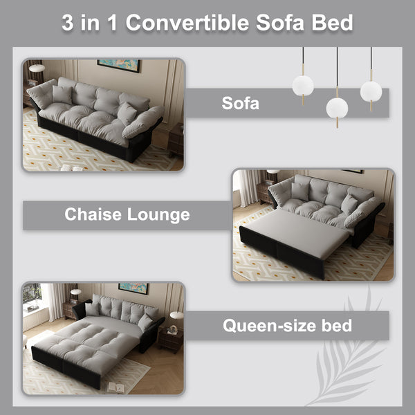 English Elm 74.4" Queen Velvet Sleeper Sofa Artisan Floral Tufted Cushions Converts for Guest Rooms Grey W1885S00170