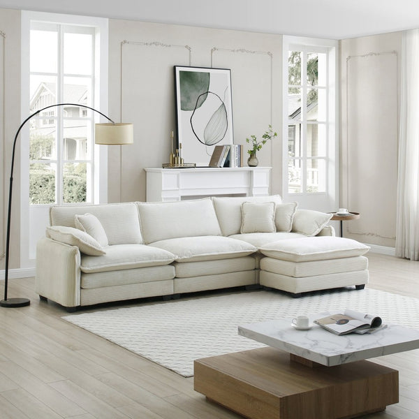 English Elm Oversize L-Shaped Sectional Sofa With Ottoman - Plush White Corduroy, Stylish Comfort For Any Room W714S00690-GIGA