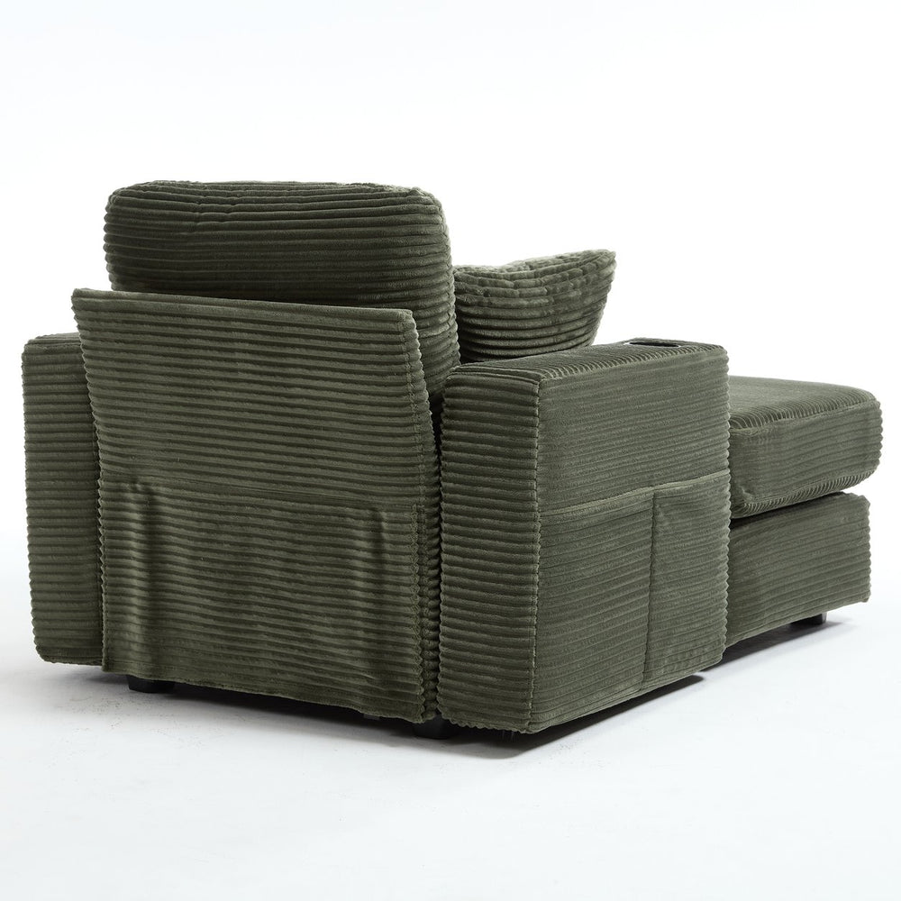 English Elm [New]Corduroy Upholstered Chaise Lounge Sofa with Detachable Cushions, Deep Seat, Cup Holders Green W2120P322754