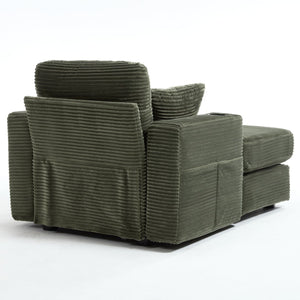 English Elm [New]Corduroy Upholstered Chaise Lounge Sofa with Detachable Cushions, Deep Seat, Cup Holders Green W2120P322754